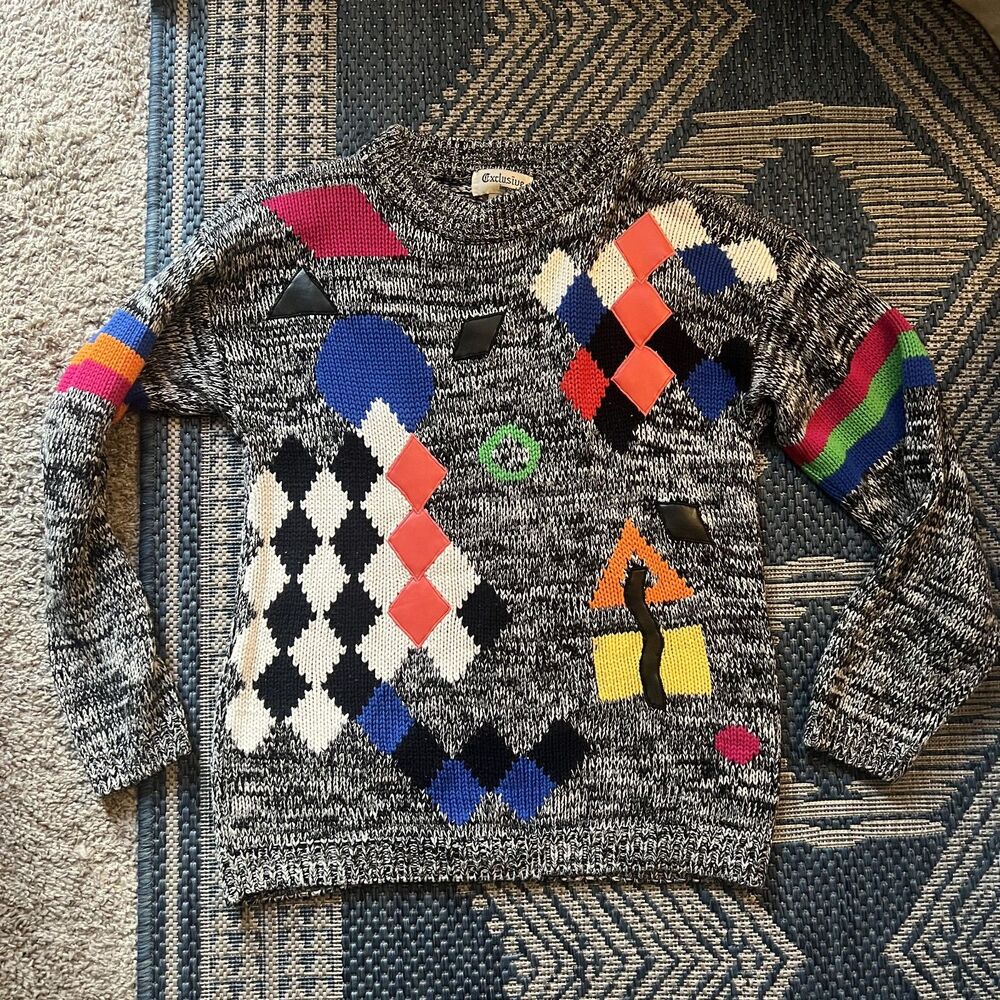 Funky 90s vintage geometric multi color color block art teacher sweater size S